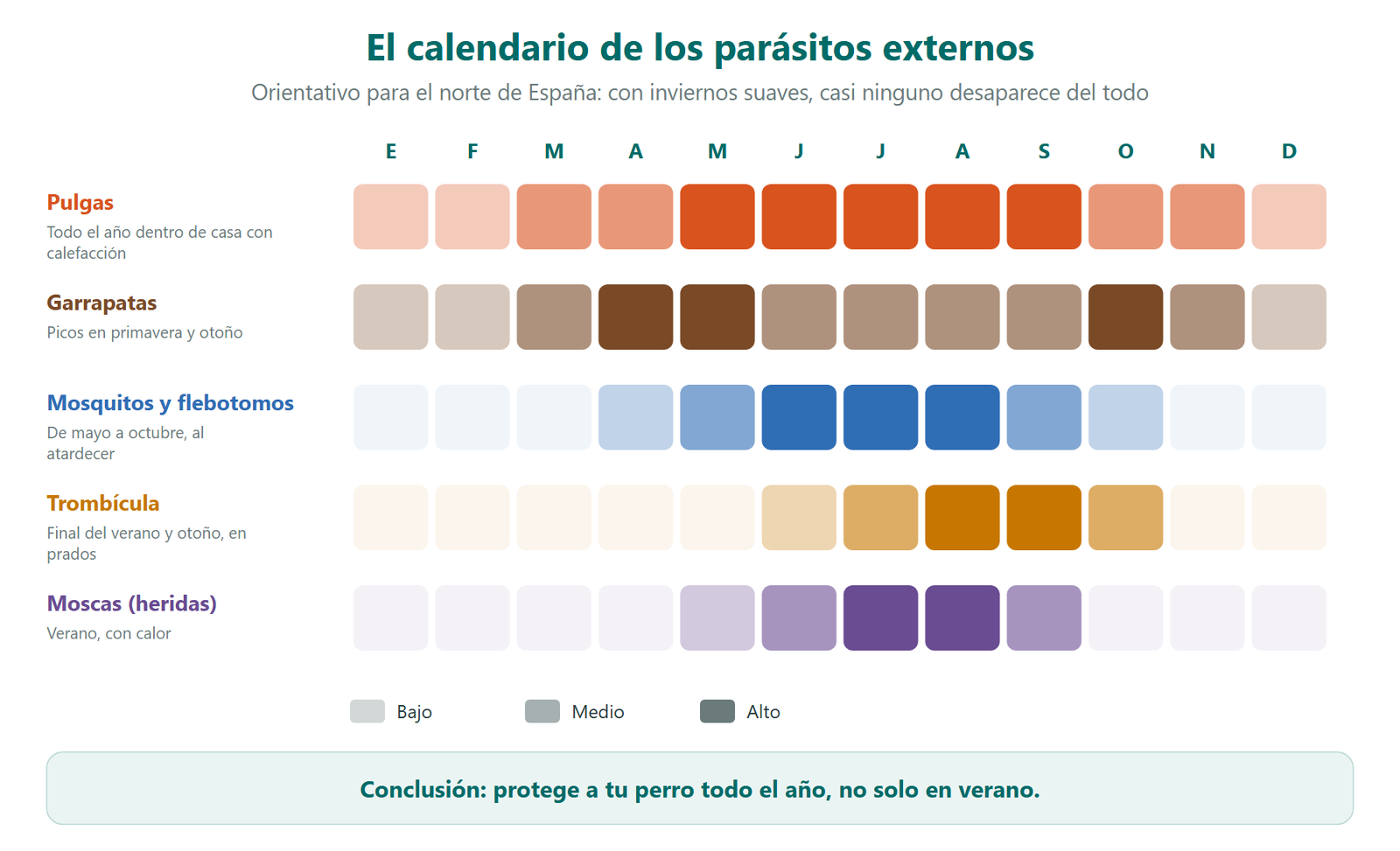 Calendario anual orientativo de los parásitos externos en el norte de España: pulgas todo el año con más actividad de mayo a septiembre, garrapatas con picos en primavera y otoño, mosquitos y flebotomos de mayo a octubre, trombícula al final del verano y en otoño, y moscas en verano; conclusión: proteger al perro todo el año