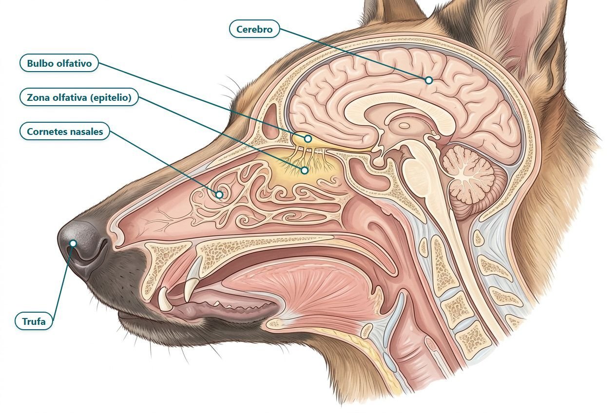 Ilustración anatómica de la cabeza del perro en corte: trufa, cornetes nasales, zona olfativa, bulbo olfativo y cerebro